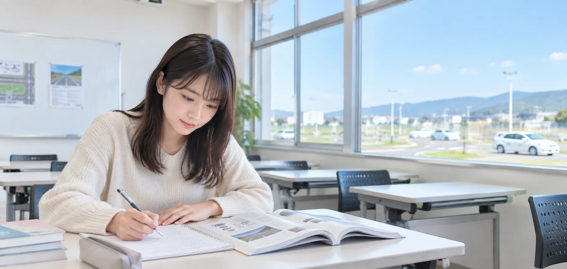 教習所の教室で一人で勉強する女性