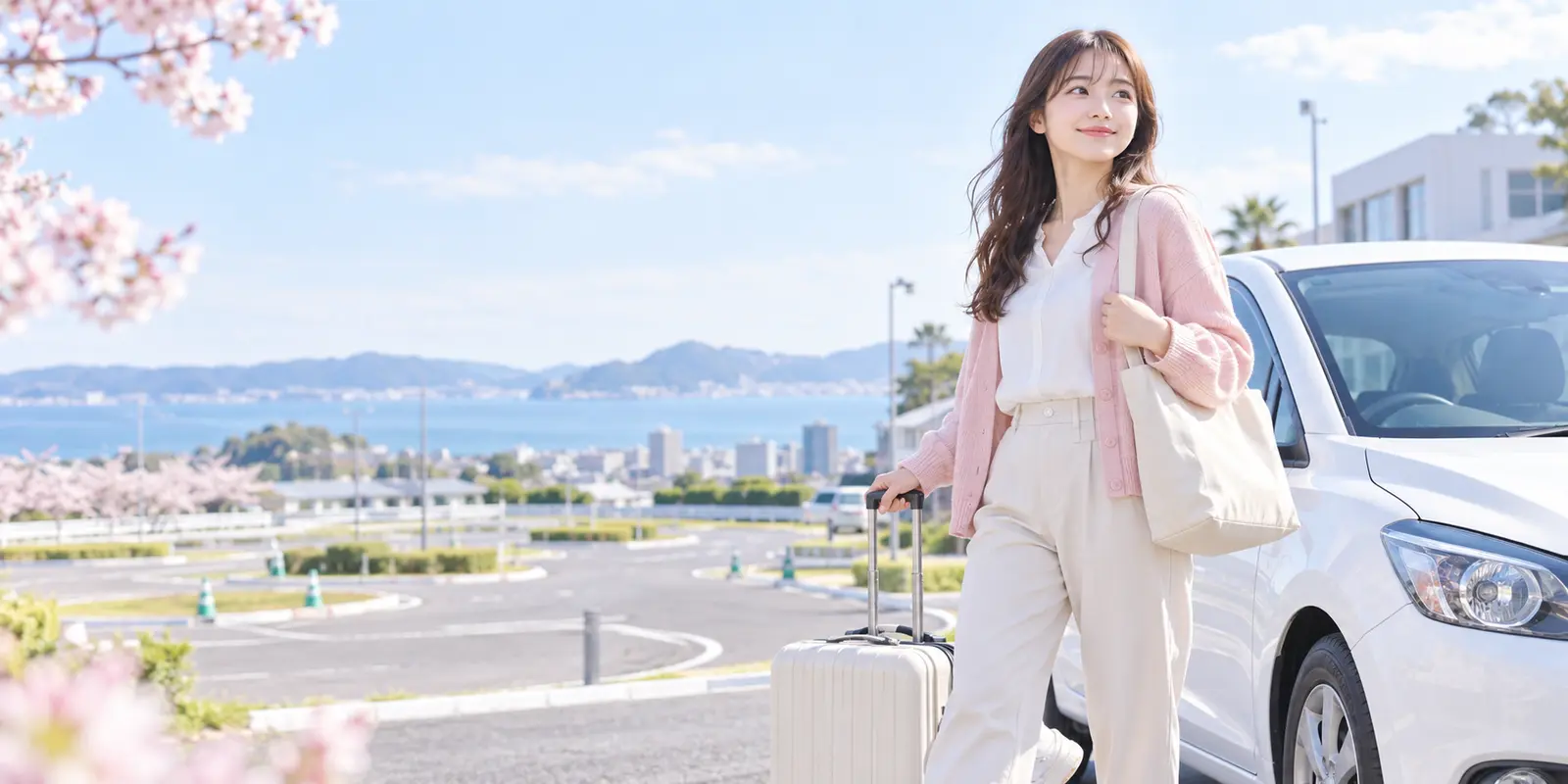 車のそばでキャリーケースを持つ女性