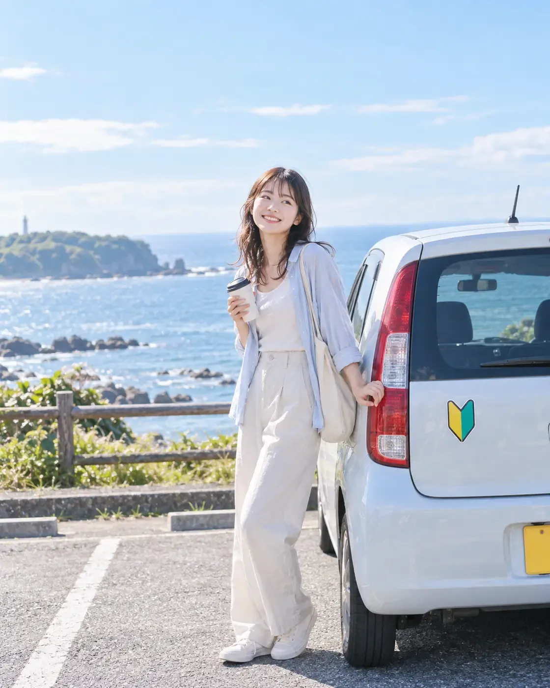 海辺の駐車場で初心者マークの車のそばに立つ女性