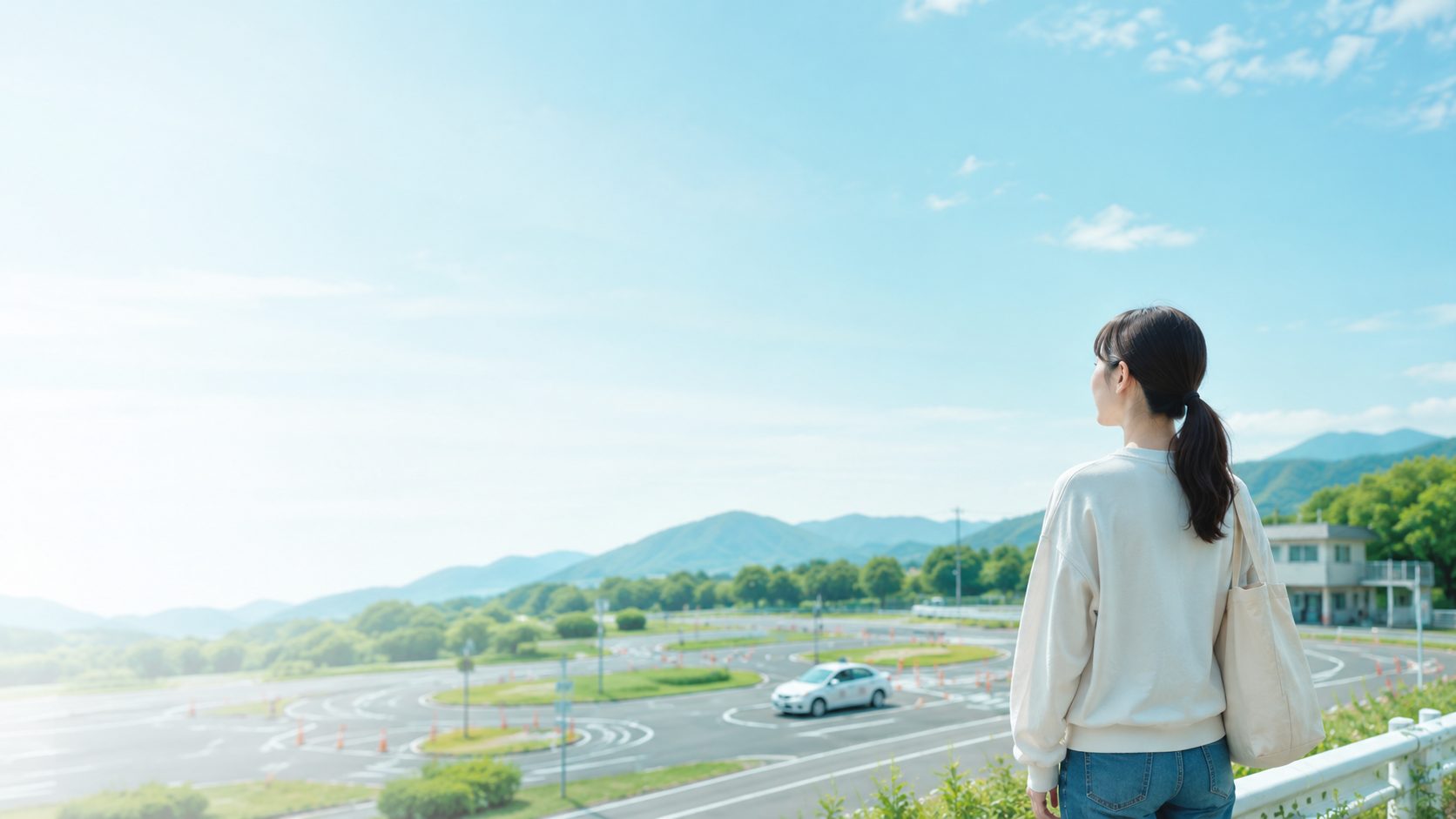 合宿免許の教習コースを眺める参加者